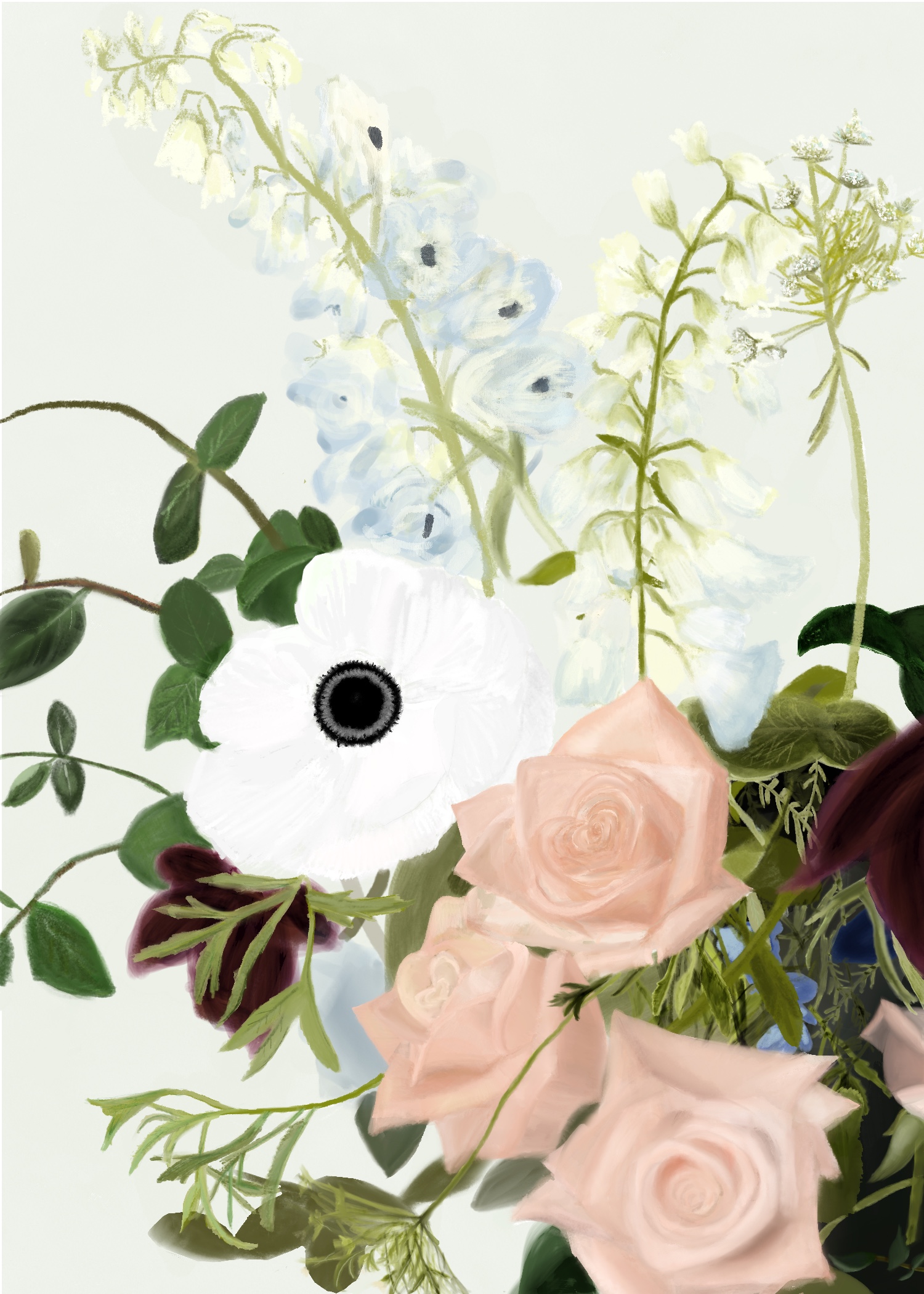 Bouquet — anemone, delphinium, roses